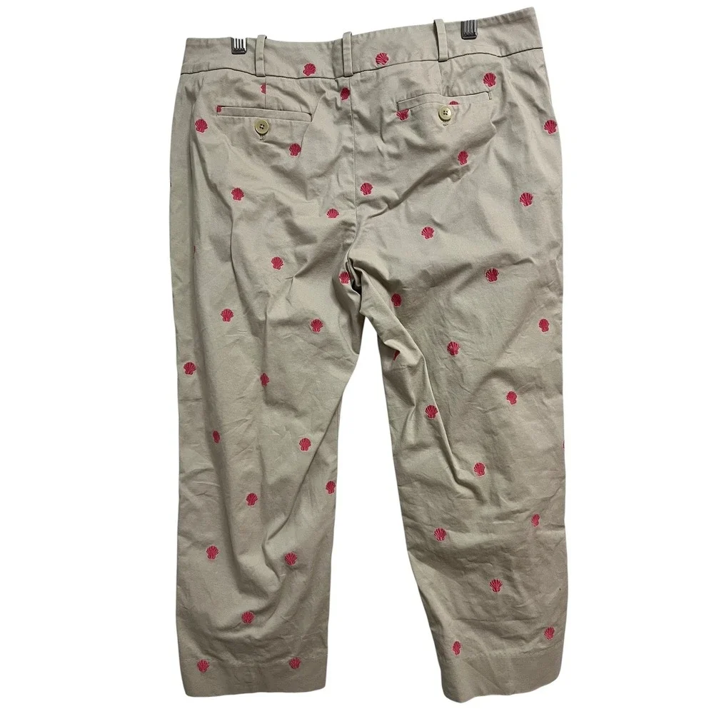 Talbots Cropped Pants‎ Womens 10P Tan Pink Shell Nautical Embroidered Ankle